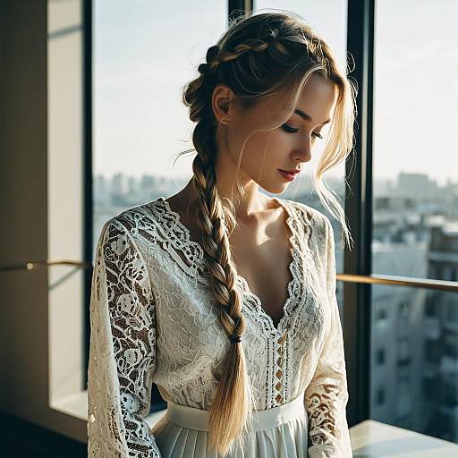 Woman with Lace Braid Hairstyle in Luxury Penthouse