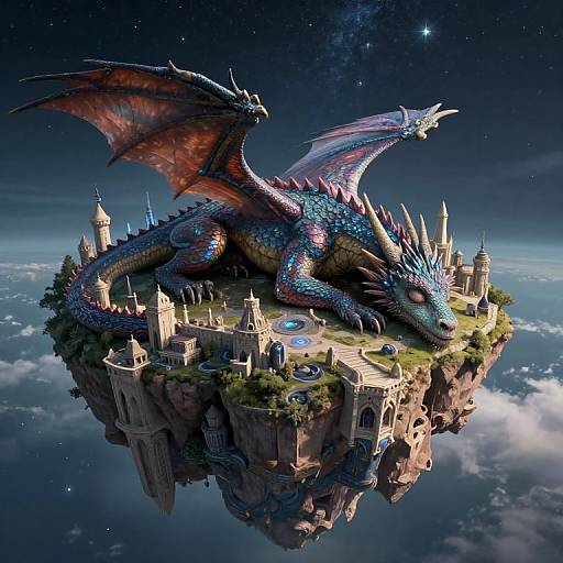 Digital fantasy artwork: A vibrant, blue-scaled dragon with red wings lounges atop a floating, medieval castle island in a starry, cloudy night