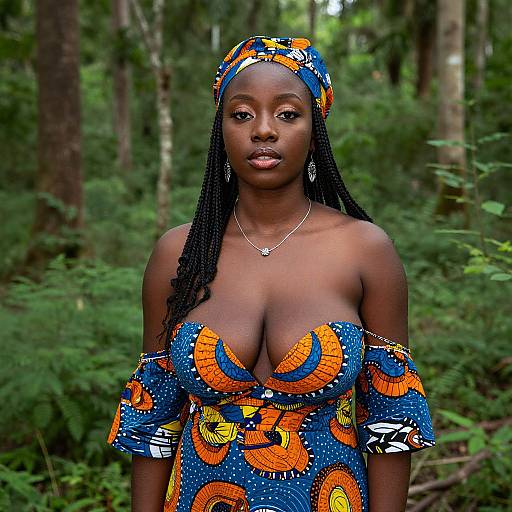 Photograph of a dark-skinned African woman with braided hair, wearing a vibrant blue and orange off-shoulder dress and matching headscarf