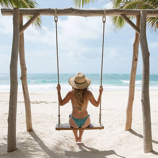 Photograph of a woman with long braids, wearing a straw hat and blue patterned bikini, sitting on a wooden swing on a sunny beach,