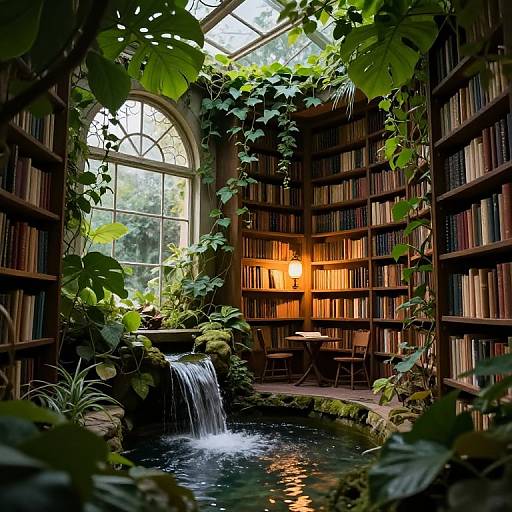 Photograph of a lush, sunlit library with arched window, cascading waterfall, and wooden bookshelves, illuminated by a warm lamp.