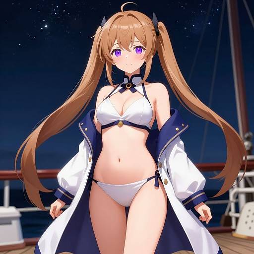 Anime-style digital illustration of a brown-haired girl with purple eyes, wearing a white bikini and open blue-and-white coat, standing on a ship deck at