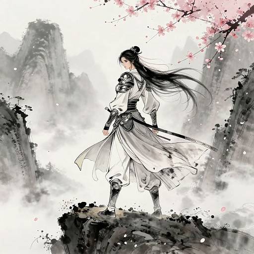 Digital anime-style illustration of a samurai with long black hair, wearing white and black armor, standing on a rocky ledge amidst cherry blossoms and mist