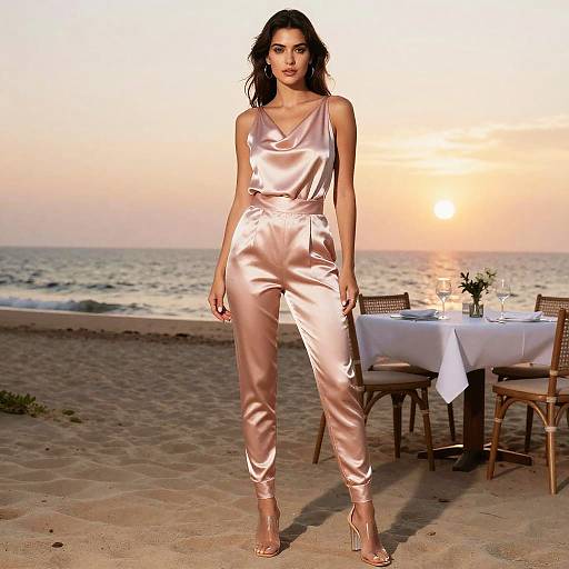 Photograph of a dark-haired woman in a silky, peach-colored, sleeveless jumpsuit and heels, standing on a beach at sunset, with a