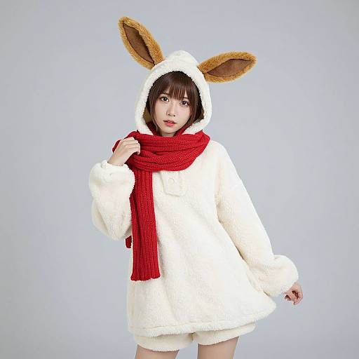 Photograph of an Asian woman with short brown hair wearing a white fuzzy bunny hooded coat, red scarf, and brown bunny ears, standing against a