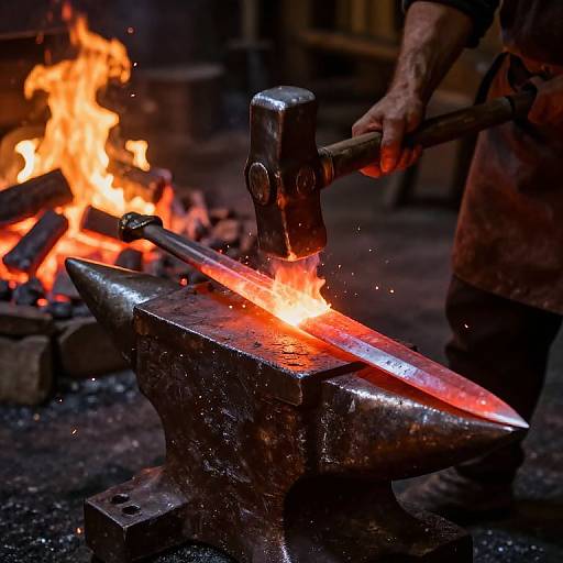 Photograph of a blacksmith's arm hammering a glowing red hot metal blade on a fiery forge, sparks flying, in a dimly lit,
