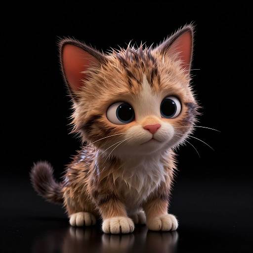 Digital artwork of a cute, fluffy, wide-eyed, brown tabby kitten with big, black eyes and pink nose, set against a black background.