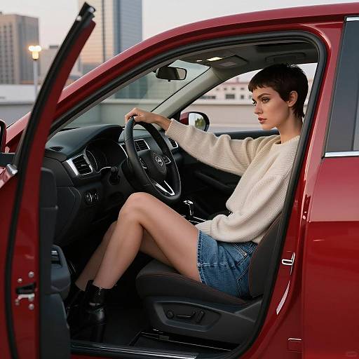 Chic Woman in Sporty Red Hatchback