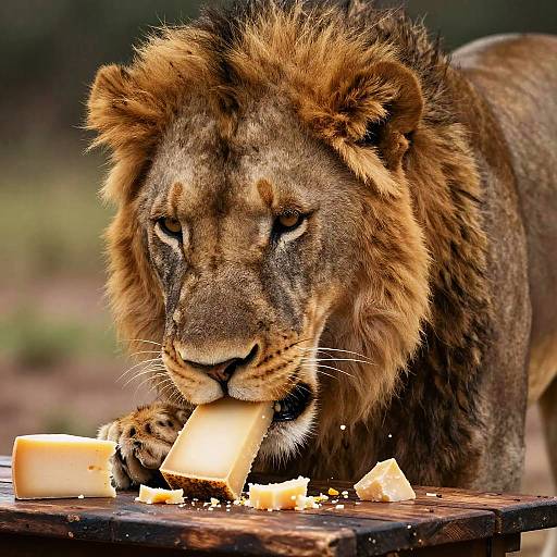 Photograph of a majestic male lion with a thick, brown mane, eating cheese cubes on a wooden table in a natural, blurred background.