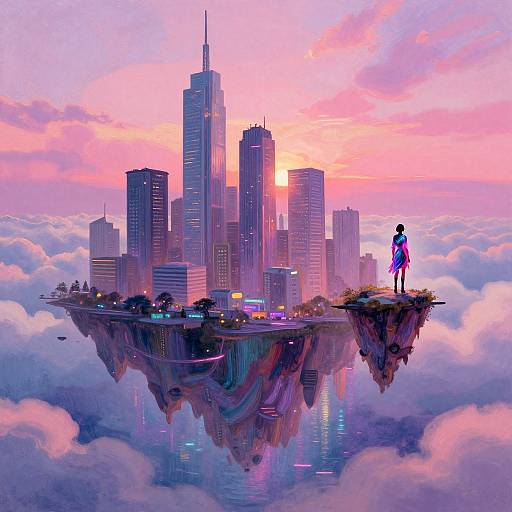 Digital art: Silhouetted figure in pink dress stands on floating city island with skyscrapers, colorful sunset sky, and reflective clouds.