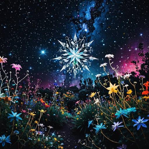 Celestial Garden with Crystal Flowers under Galaxy Sky