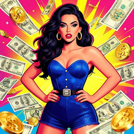 Comic-style digital artwork of a confident woman with long black hair, blue sparkly romper, large hoop earrings, and red lipstick, standing against a