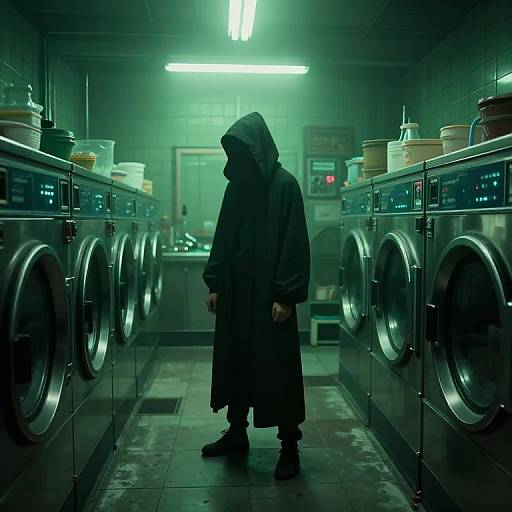 Mysterious hooded figure in dark cloak stands in green-lit, industrial laundry room with metal washers and dryers, surrounded by detergent. Film