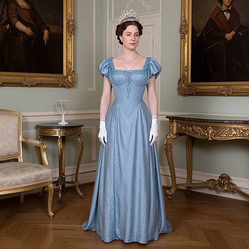 Photograph of a fair-skinned woman in a blue, Victorian-style evening gown, white gloves, tiara, standing in an elegant room with gold