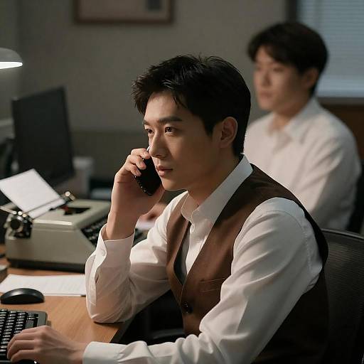 Man on Phone in Dimly Lit Office