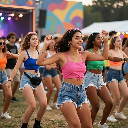 Photograph of diverse women dancing outdoors at dusk, wearing crop tops and denim shorts, with colorful backdrop and vibrant stage lights.