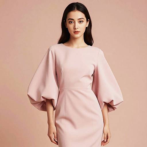 Photograph of an East Asian woman with long black hair, wearing a light pink, long-sleeved, A-line dress with exaggerated, voluminous