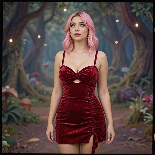 Photograph of a fair-skinned woman with pink hair in a red velvet dress, standing in a magical, forested path with fairy lights and mushrooms