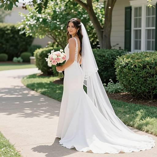 Photograph of a smiling bride in a white, long-sleeve, backless wedding gown with a long veil, holding pink and white flowers,