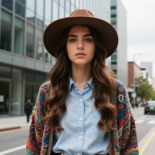 Photograph of a young woman with long, wavy brown hair, wearing a brown hat, blue button-up shirt, and colorful patterned cardigan