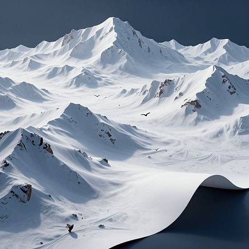 Photograph of a snow-covered mountain range at night, illuminated by moonlight, with dark blue sky and a few distant birds flying.
