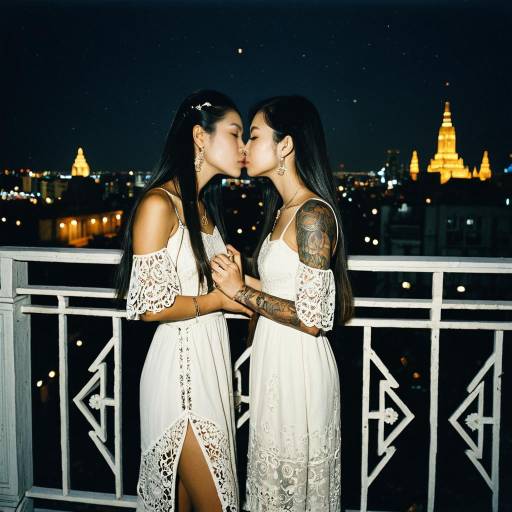 Two young women in white lace dresses kissing on balcony at night