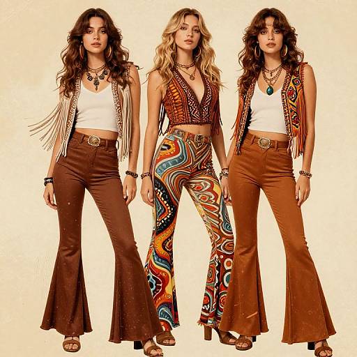 Photograph of three women with curly hair, wearing white tops, brown fringe vests, high-waisted bell-bottoms, and colorful patterned pants