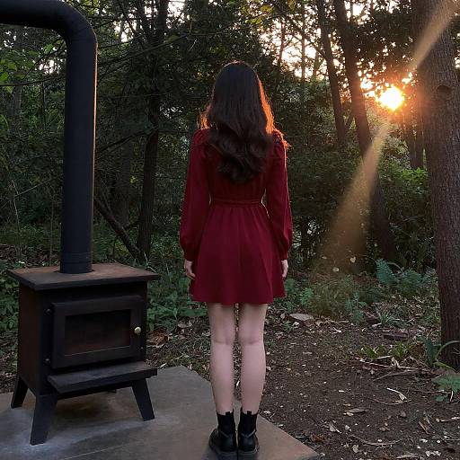 Sunset Forest Beauty in Red Dress