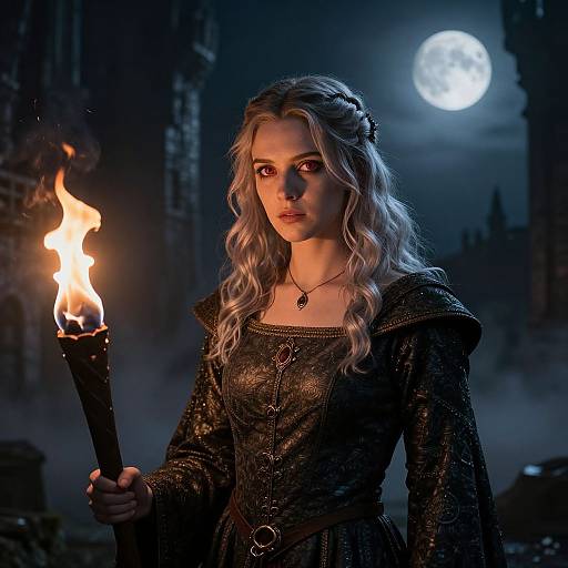 Digital fantasy artwork of a blonde woman with wavy hair, wearing a dark, textured dress, holding a flaming torch under a full moon in a go
