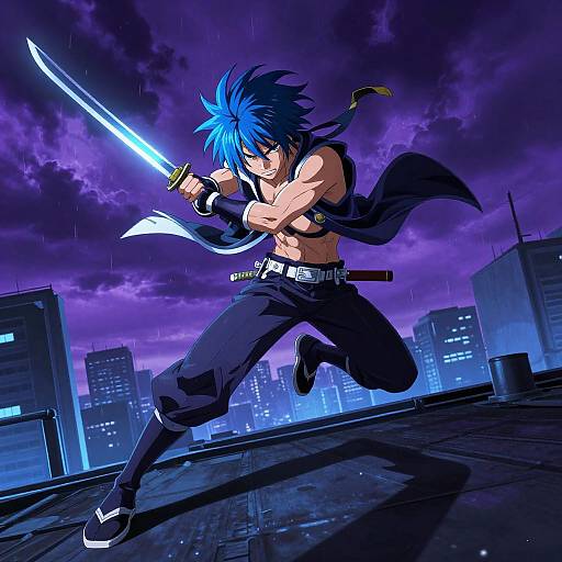 Blue Haired Anime Warrior Mid-Leap with Glowing Katana