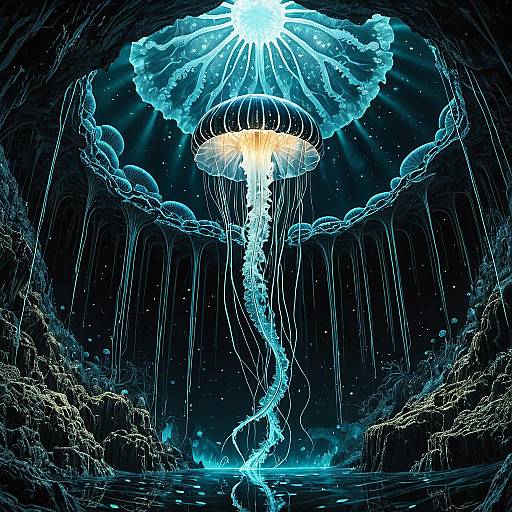 Crystalline Jellyfish in Luminescent Underwater Cave