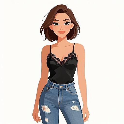 Digital illustration of a cute, fair-skinned woman with short brown hair, wearing a black lace-trimmed camisole and blue ripped jeans,