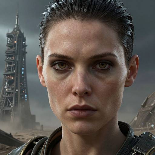 CGI close-up of a determined, pale-skinned woman with dark hair, intense green eyes, and serious expression, set against a dystopian,