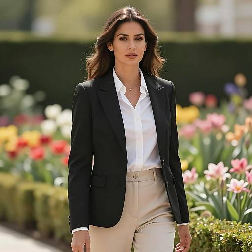 Elegant Woman in Black Blazer in Garden
