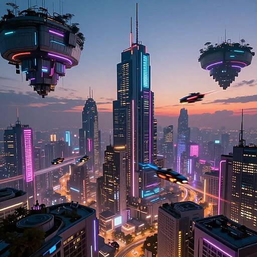 Neon-lit, futuristic cityscape at sunset with floating, tree-covered structures, glowing skyscrapers, and flying cars; vibrant purples,