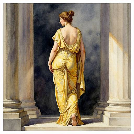 Classical painting of a woman in a yellow, backless gown, with hair in a bun, walking between tall marble columns.