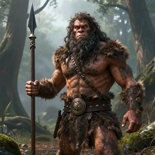 Hairy Caveman in Prehistoric Forest
