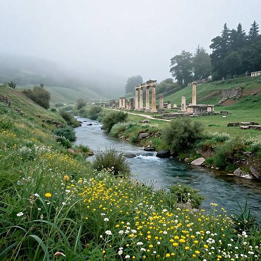 Photograph of a misty, green hillside with a flowing river, yellow and white wildflowers, and ancient stone ruins in the background.