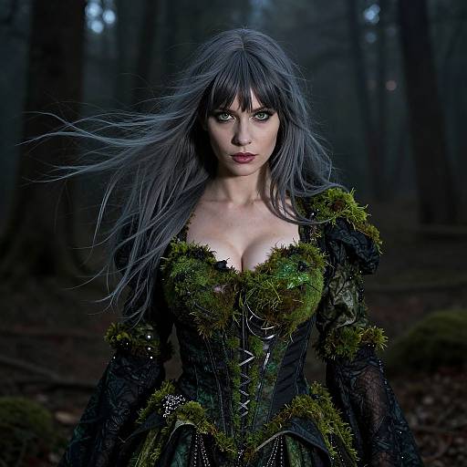 Photograph of a pale-skinned, dark-haired woman with striking green eyes, wearing a black, moss-covered corset, standing in a dark,