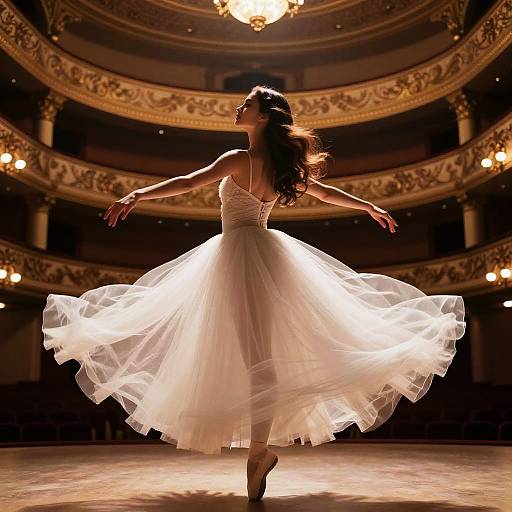 Photograph of a ballerina in a flowing white tutu, mid-pirouette, illuminated by stage lights in an ornate, grand