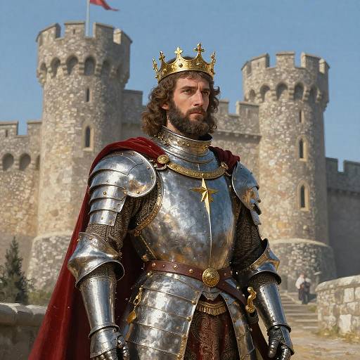 Photorealistic digital image of a bearded king in shiny silver armor with a gold crown, red cape, and star emblem, standing before a medieval