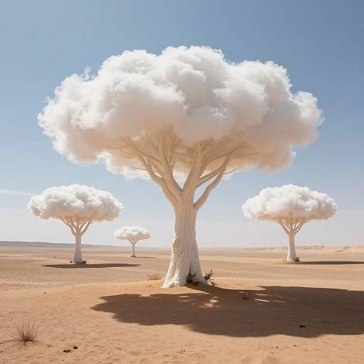 Photograph of surreal desert landscape featuring four white, cloud-like trees with thick trunks and fluffy canopies under a clear blue sky.