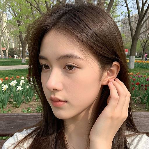 Photograph of an Asian woman with fair skin, long black hair, and brown eyes, sitting in a park, touching her ear, surrounded by blo