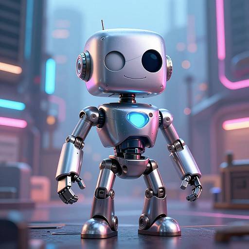 CGI image of a shiny, silver robot with a round head, black circular eyes, and a blue glowing chest in a neon-lit futuristic city