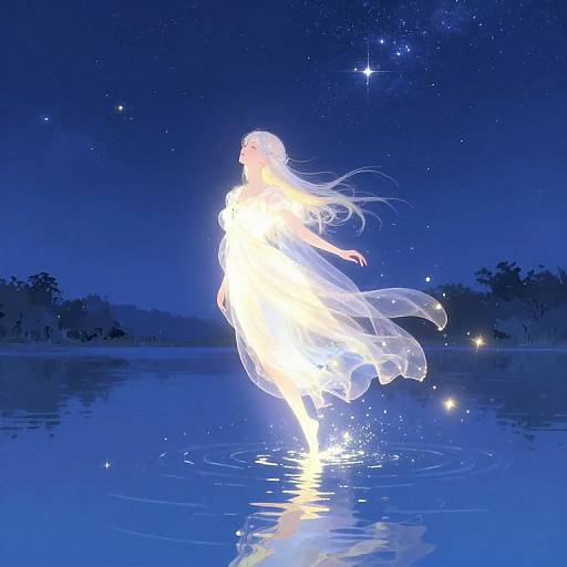 Digital anime-style illustration of a glowing, ethereal woman with long white hair, floating in a reflective, starlit, midnight blue lake.