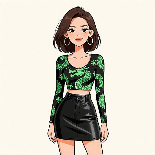 Digital illustration of a smiling woman with short brown hair, wearing a black long-sleeve crop top with green dragon patterns, high-waisted black