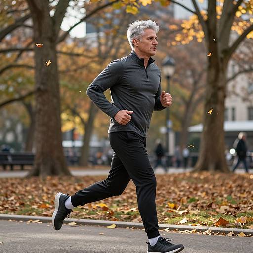 Photograph of a muscular man with silver hair jogging in a black long-sleeve shirt and pants, autumn park background.