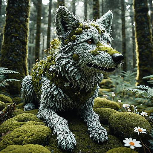 Moss-Covered Wolf Sculpture in Forest