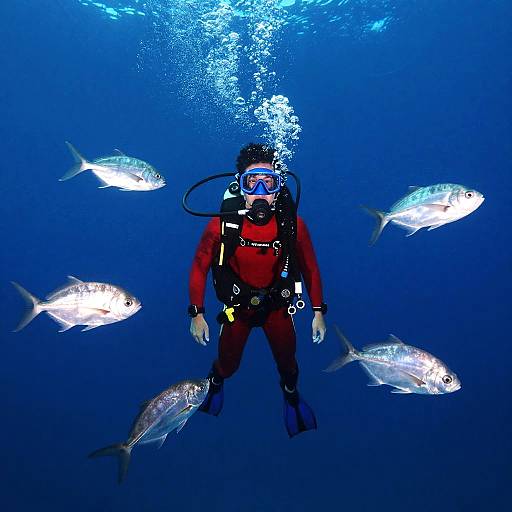Scuba Diver Surrounded by Silver Fish