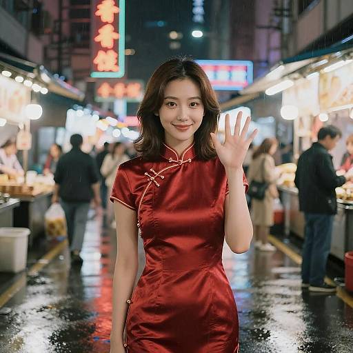 Elegant Chinese Woman in Neon Market